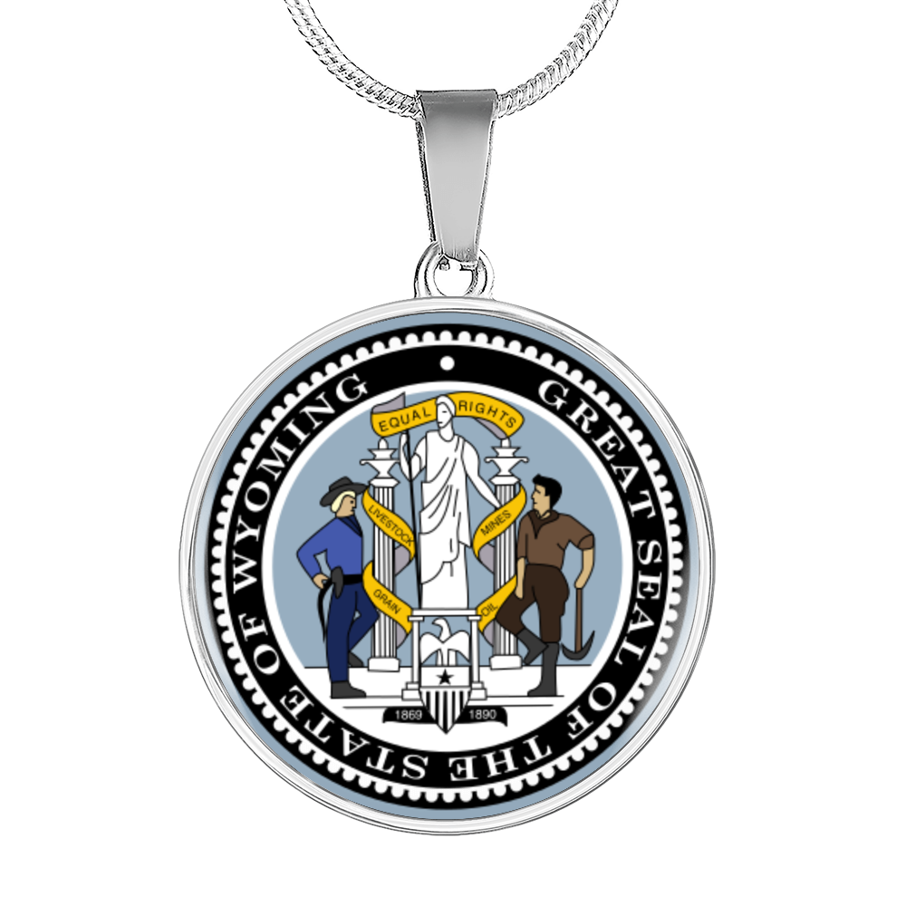 Wyoming State Seal Necklace Circle Pendant Stainless Steel or 18k Gold 18-22"-Express Your Love Gifts