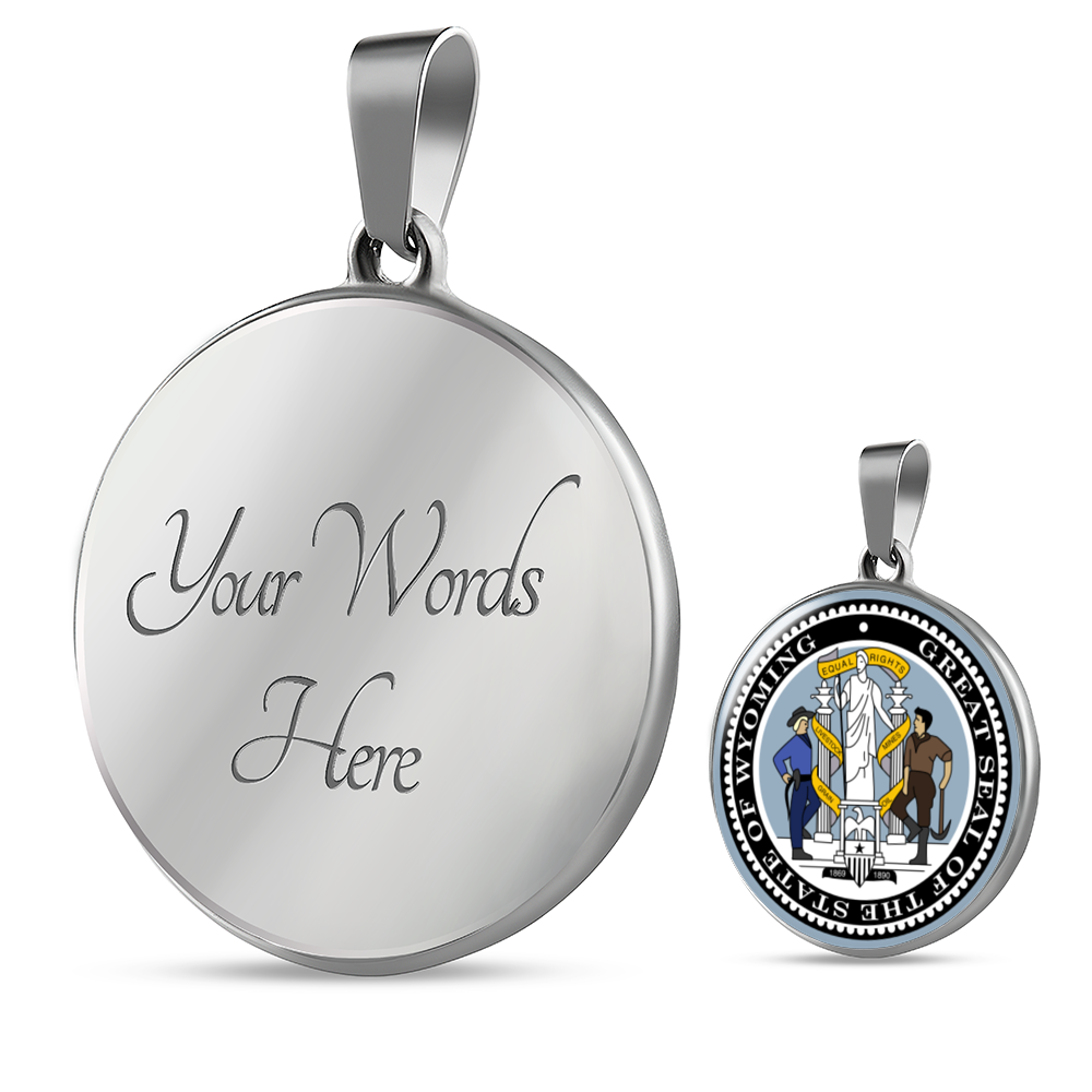 Wyoming State Seal Necklace Circle Pendant Stainless Steel or 18k Gold 18-22"-Express Your Love Gifts