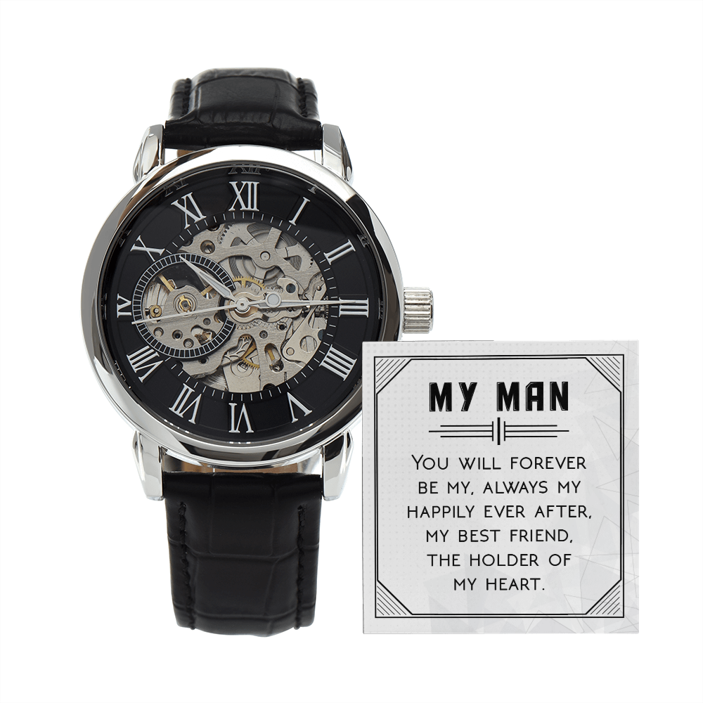 You Will Forever be My Always Men's Openwork Watch With Message Card in Mahogany Box-Express Your Love Gifts