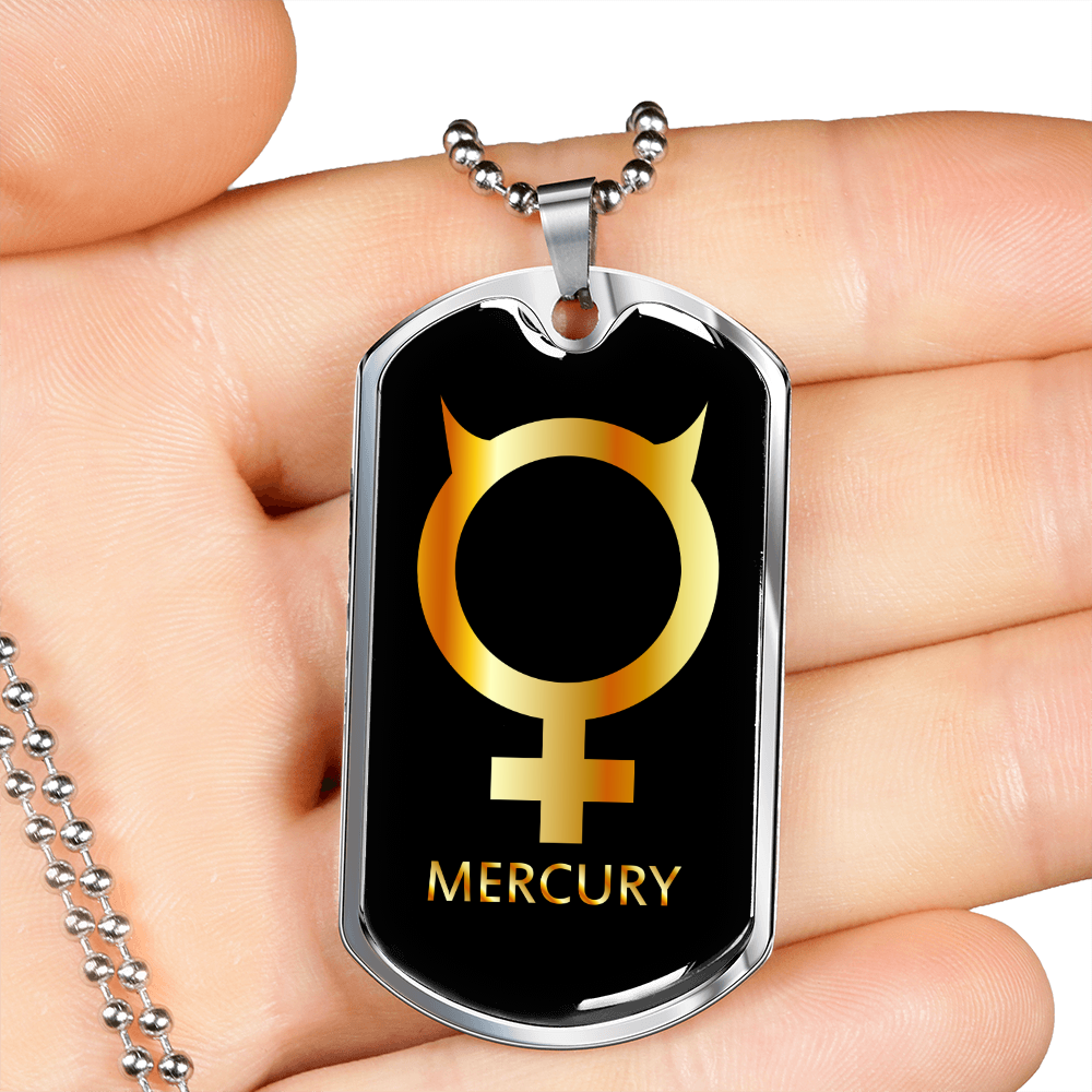 Zodiac and Astrology Symbol of the Planet Mercury Zodiac Necklace Stainless Steel or 18k Gold Dog Tag 24" Chain-Express Your Love Gifts