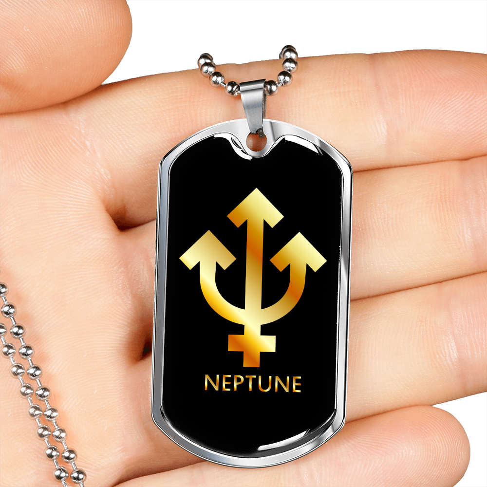Zodiac and Astrology Symbol of the Planet Neptune Zodiac Necklace Stainless Steel or 18k Gold Dog Tag 24" Chain-Express Your Love Gifts