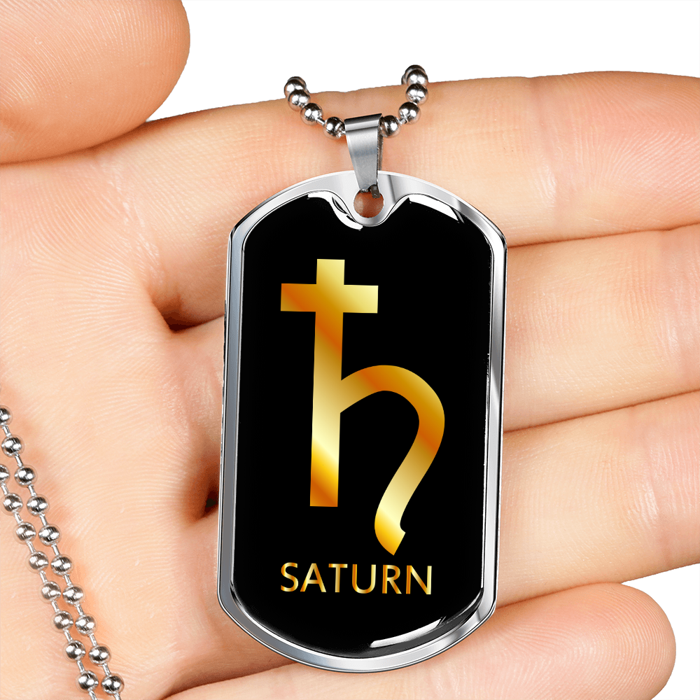 Zodiac and Astrology Symbol of the Planet Saturn Zodiac Necklace Stainless Steel or 18k Gold Dog Tag 24" Chain-Express Your Love Gifts