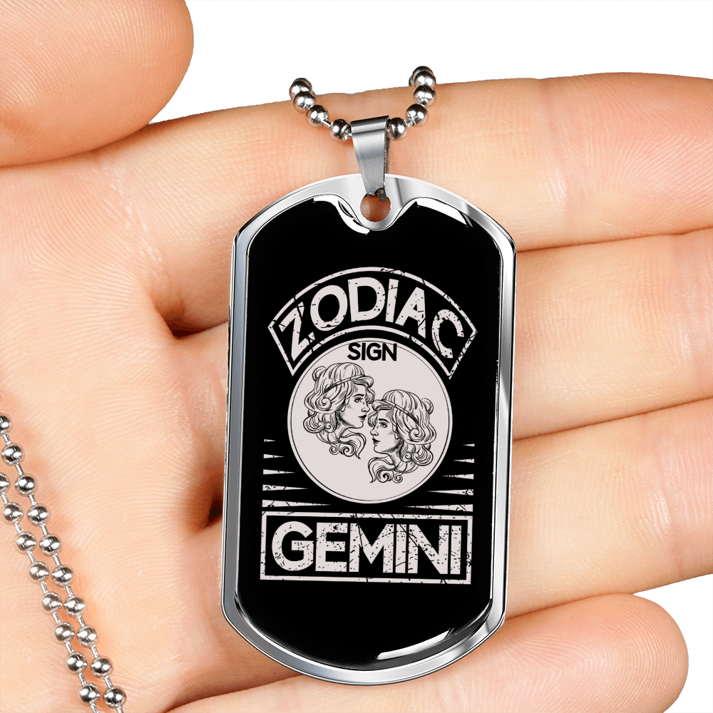 Zodiac Sign Gemini Zodiac Necklace Stainless Steel or 18k Gold Dog Tag 24" Chain-Express Your Love Gifts