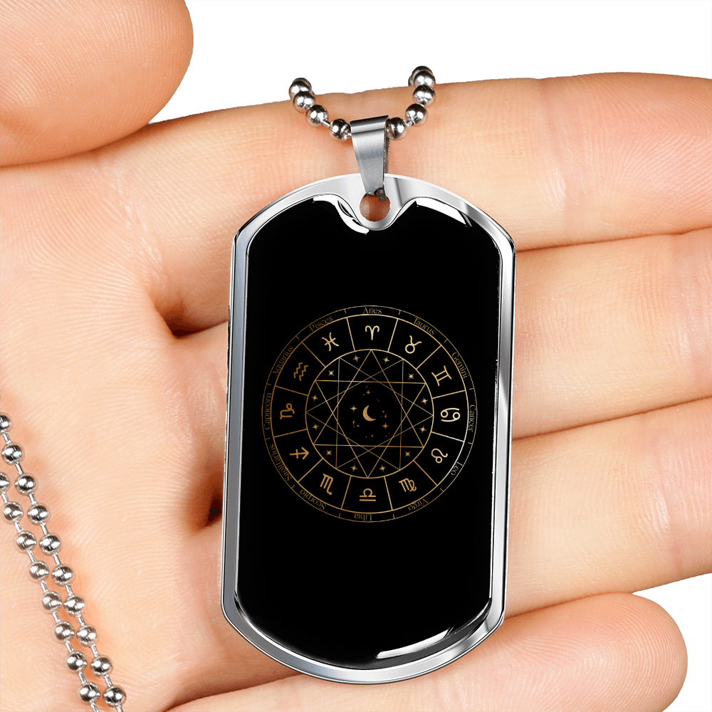 Zodiac Signs in Circle Zodiac Necklace Stainless Steel or 18k Gold Dog Tag 24" Chain-Express Your Love Gifts